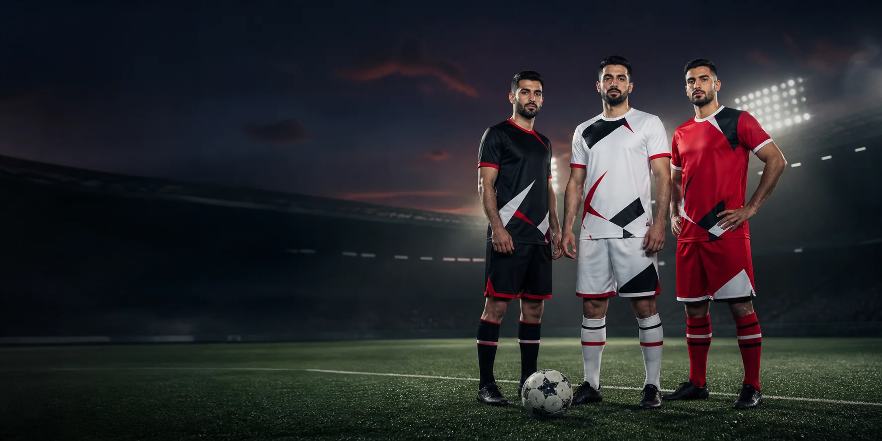 Takımına özel siyah beyaz ve kırmızı futbol forması tasarımları giyen oyuncular