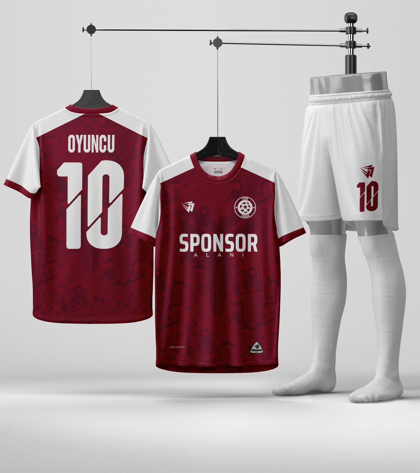 Arsenal 002 Halısaha Futbol Forma; bordo, kırmızı ve beyaz forma, şort ve çorap takımı