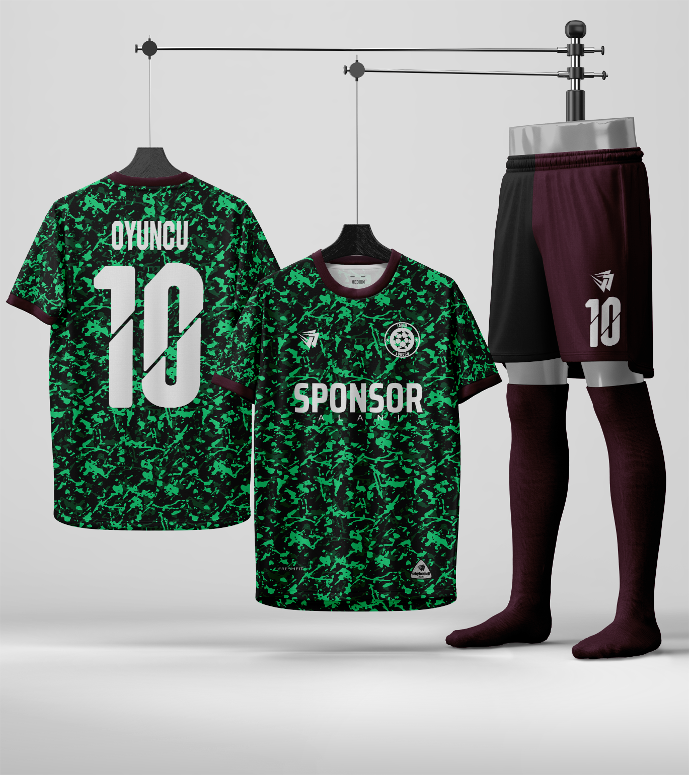 Athletico Nacional Concept Halısaha Forması; yeşil, siyah ve bordo forma, şort ve çorap takımı