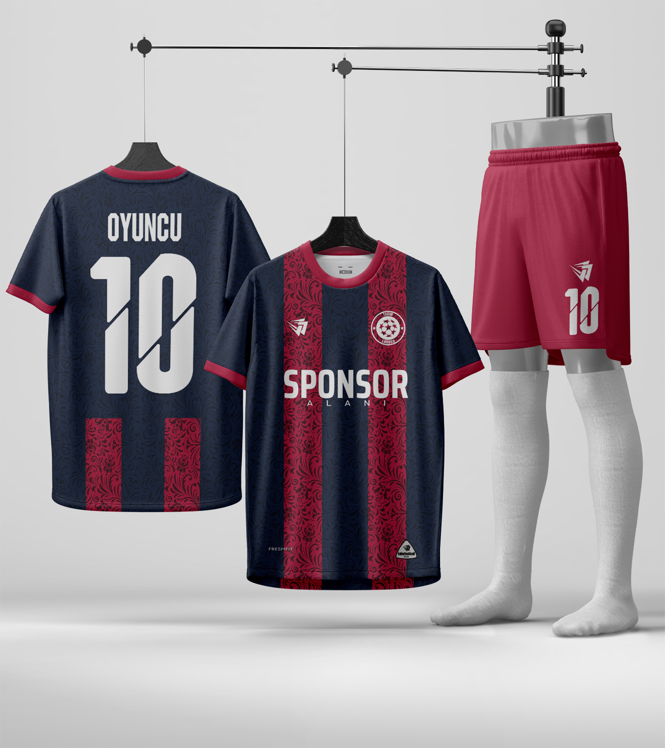Barcelona 001 Halısaha Futbol Forma; lacivert ve bordo forma, şort ve çorap takımı
