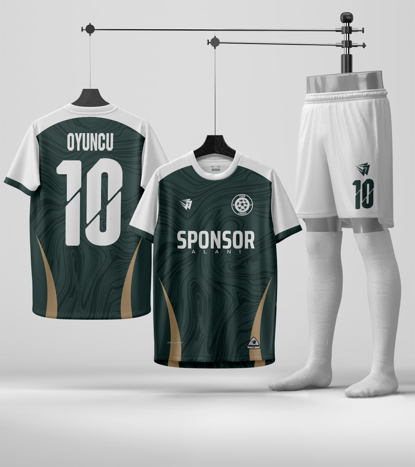Arsenal Yeşil Gold Halısaha Forma Tasarla halısaha forması tasarla modeli Arsenal Yeşil Gold Halısaha Forma Tasarla; koyu yeşil, gold ve beyaz forma, şort ve çorap takımı